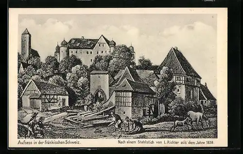 Künstler-AK Aufsess, Ortsansicht mit Kirche und Bauern mit Pferden