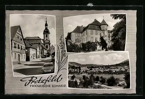 AK Pretzfeld /Fränk. Schweiz, Ortsansicht aus der Ferne, Strassenpartie mit Kirche und Schloss