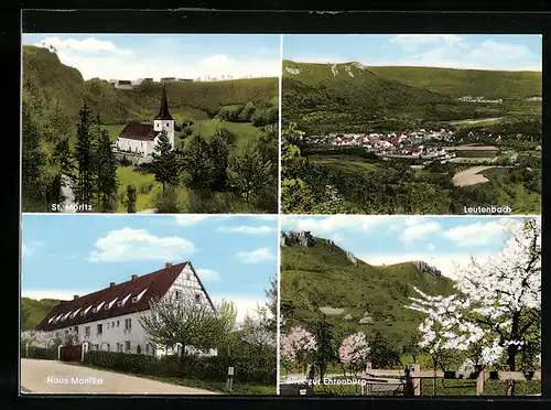 AK Leutenbach /Fränk. Schweiz, Ortsansicht, Blick zur Ehrenbürg, Haus Monika und St. Moritz