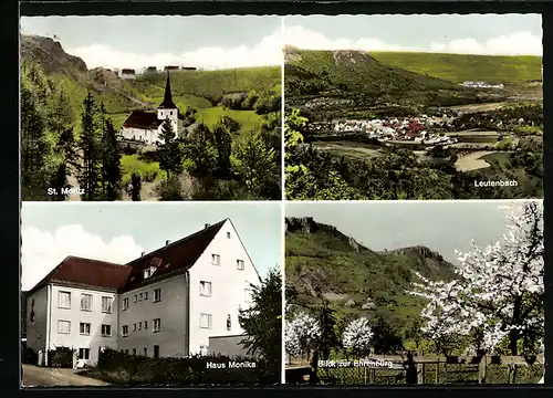 AK Leutenbach /Fränk. Schweiz, Ortsansicht, Blick zur Ehrenbürg, Haus Monika und St. Moritz