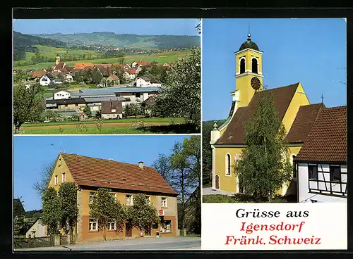 AK Igensdorf /Fränk. Schweiz, Ortsansicht, Kirche und Geschäft