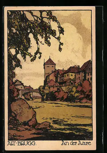 Künstler-AK Alt-Brugg, Partie an der Aare