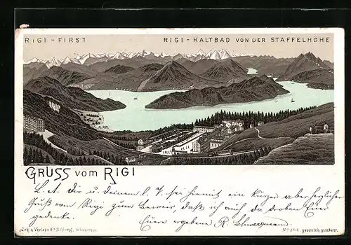 Lithographie Rigi-Kaltbad, Ortsansicht von der Staffelhöhe mit Rigi-First