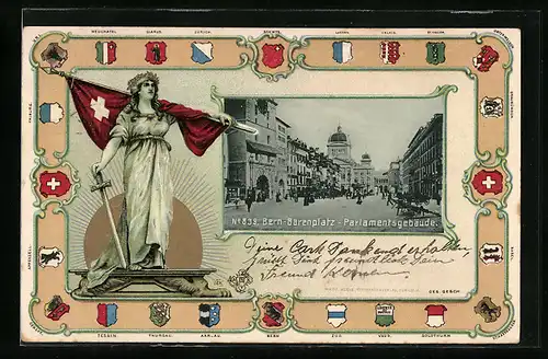 AK Bern, Bärenplatz mit Parlamentsgebäude, Helvetia mit schweizer Fahne