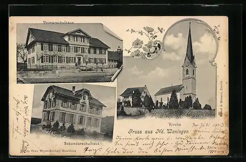 Passepartout-AK Niederweningen, Primar- und Sekundarschulhaus, Kirche