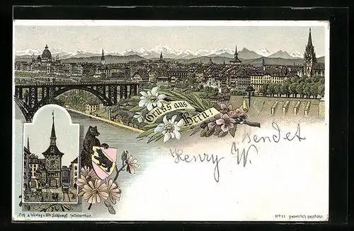 Lithographie Bern, Ortsansicht mit Brücke und Bergpanorama, Wappen