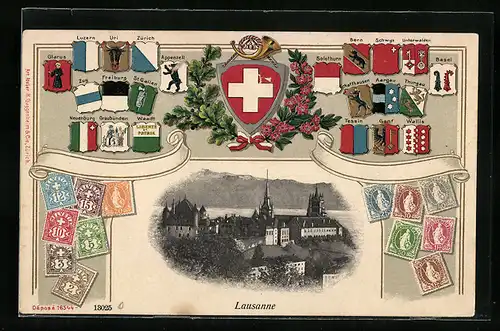 AK Lausanne, Teilansicht mit Wappen der schweizer Kantone sowie Briefmarken