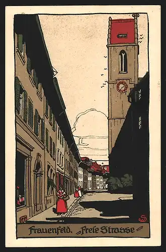 Steindruck-AK Frauenfeld, Partie an der Freie Strasse mit Kirchturm