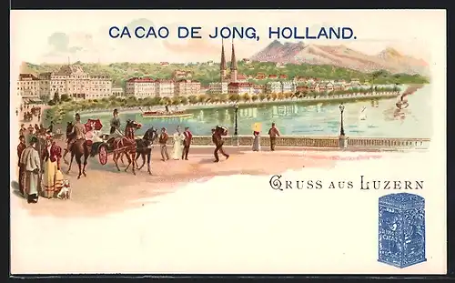 Lithographie Luzern, Ortsansicht am Wasser und Reklame Cacao de Jong, Holland