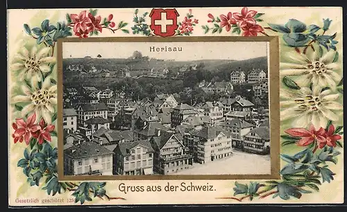 AK Herisau, Stadtansicht aus der Vogelschau mit Blumen verziert