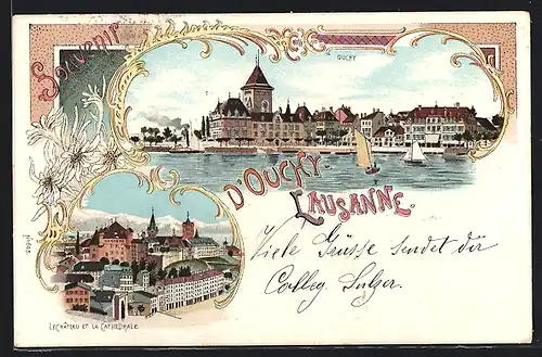 Lithographie Lausanne, Ouchy, Le Chateau et la Cathedrale