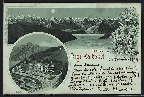 Mondschein-Lithographie Rigi-Kaltbad, See mit Gebirgskette und Hotels