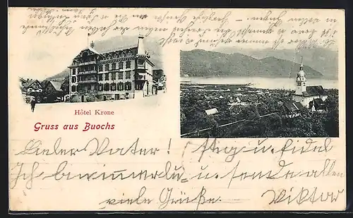 AK Buochs, Ortsansicht und Hotel Krone