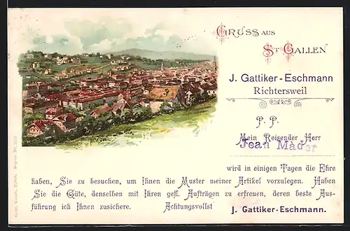 Lithographie St. Gallen, Stadtansicht von einem Berg aus