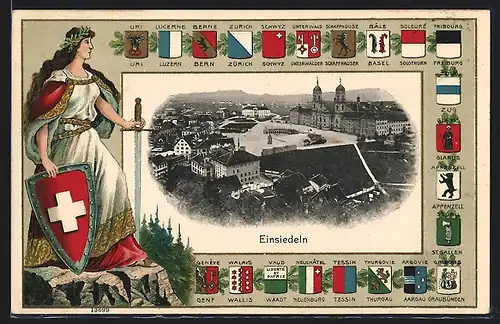 AK Einsiedeln, Stadtansicht mit Helvetia und den Wappen der Kantone