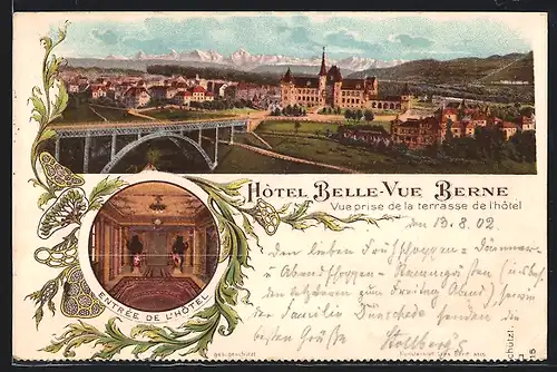 Lithographie Berne, Hôtel Belle-Vue, Vue prise de la terrasse de l`hôtel, Salle de lecture