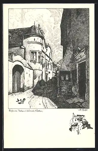 Künstler-AK Ulf Seidl: Wachau, Strasse und Rathaus in Dürnstein