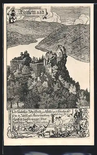 Künstler-AK Ulf Seidl: Aggstein a. d. Donau, Burgruine mit Raubritter Jörg Scheck vom Walde