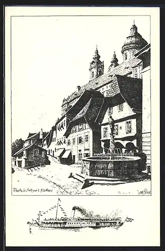 Künstler-AK Ulf Seidl: Melk a. d. Donau, Platz mit Brunnen, Dampfer