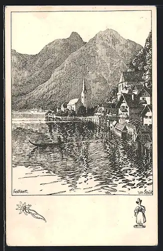 Künstler-AK Ulf Seidl: Blick auf Hallstatt mit Kirche am See