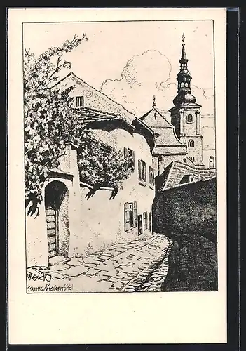 Künstler-AK Ulf Seidl: Wachau, Krems, Strassenbild