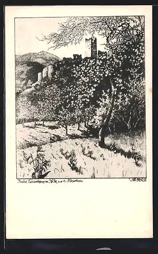 Künstler-AK Ulf Seidl: Spitz a. D., Wachau, An der Ruine Hinterhaus