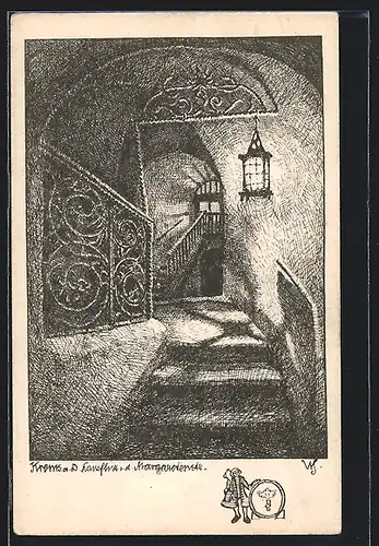 Künstler-AK Ulf Seidl: Krems a. d. Donau, Ein Hausflur in der Margaretenstrasse