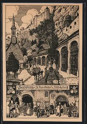 Künstler-AK Salzburg, auf St. Petersfriedhof und im Stiftskeller