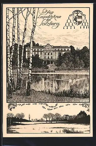 Künstler-AK Salzburg, am Ufer vor dem Schloss Leopoldskrone