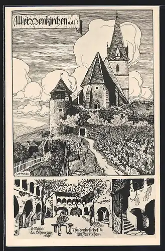 Künstler-AK Weissenkirchen /D, Kirche und Stadtmauer