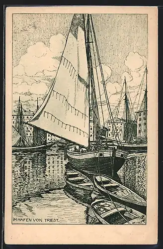 Künstler-AK Triest, Boote im Hafen