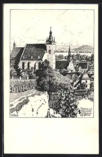 Künstler-AK Ulf Seidl: Krems, Blick auf Piaristenkirche