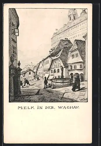 Künstler-AK Ulf Seidl: Melk in der Wachau, Ortspartie