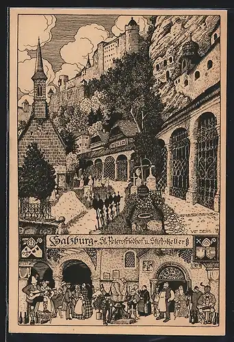 Künstler-AK Salzburg, auf St. Petersfriedhof und im Stiftskeller