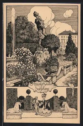 Künstler-AK Ulf Seidl: Salzburg, Blick in den Mirabell-Garten