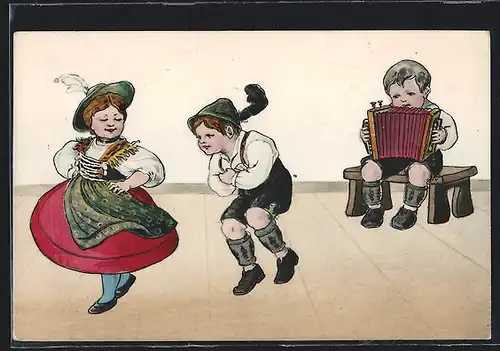 AK Kinderpaar beim Volkstanz und Junge mit Ziehharmonika