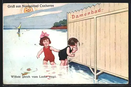 Künstler-AK Willi Scheuermann unsign.: Cuxhaven, Kinder schauen durchs Loch im Familienbad