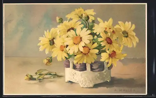 Künstler-AK Anna Haller: Gelbe Margeriten in weisser Vase