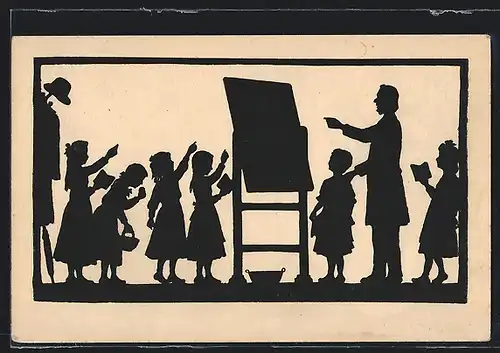 Künstler-AK Anna Schirmer: Silhouette Kinder mit Lehrer an einer Tafel