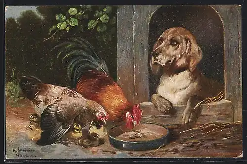 Künstler-AK Alfred Schönian: Hühner vor einer Hundehütte