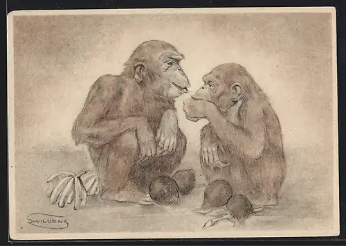 Künstler-AK zwei Affen mit Nüssen und Bananen