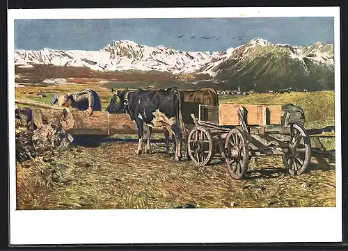 Künstler-AK Giovanni Segantini: An der Tränke, Bauer mit Viehwagen im Gebirge