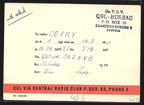 AK Praha, QSL via Central Radio Club P. Box. 69