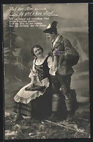 AK Bayerisches Paar in Tracht mit Zither