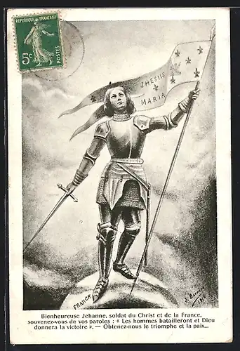 Künstler-AK Bienheureuse Jehanne, soldat du Christ et de la France, Jeanne d`Arc / Johanna von Orleans