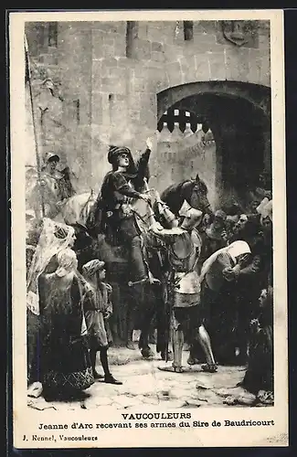 Künstler-AK Vaucouleurs, Jeanne d`Arc / Johanna von Orleansrecevant ses armes du Sire de Baudricourt