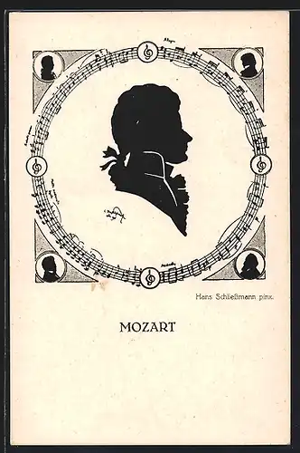 Künstler-AK Porträt Komponist Wolfgang Amadeus Mozart, Noten, Schattenbild