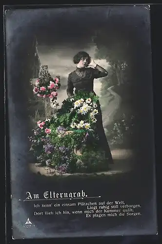 AK Junge Frau am Elterngrab mit vielen Blumen