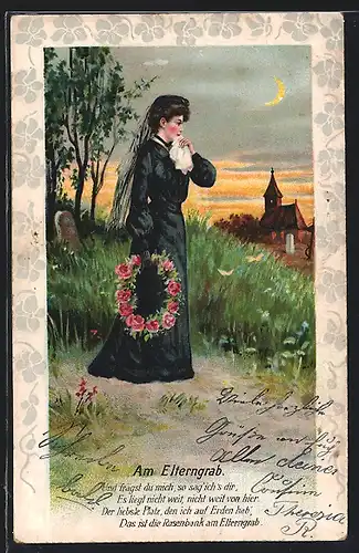 Künstler-AK Am Elterngrab, Frau im schwarzen Kleid mit Blumen
