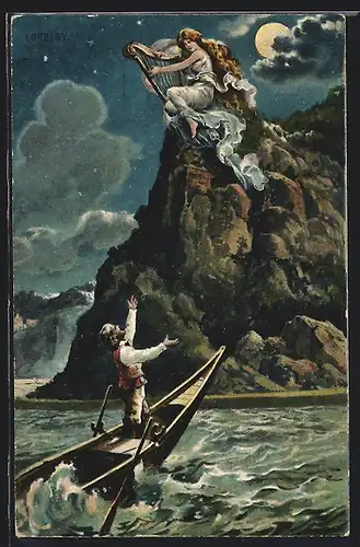 AK Loreley betört Seemann mit Harfe und Gesang in der Nacht